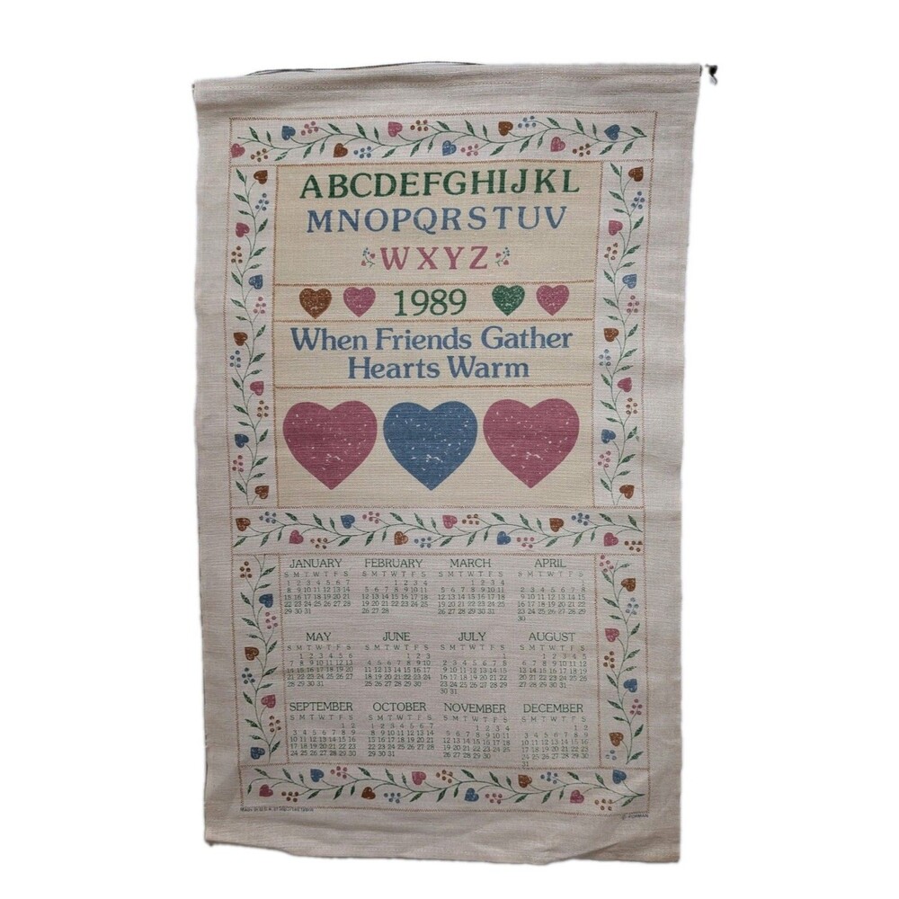 Vintage 1989 Calendar Tea Towel When Friends Gather Hearts Warm Cottagecore Cute